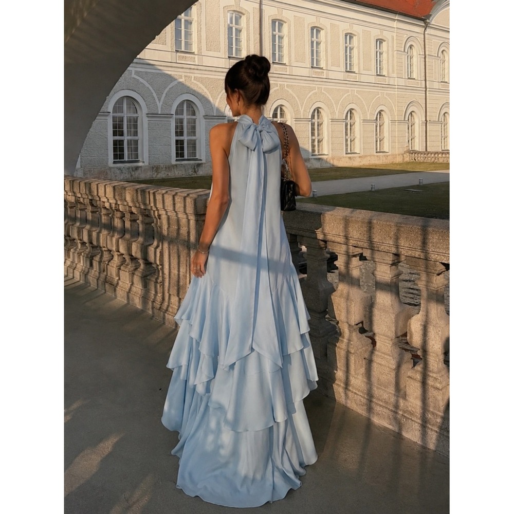 Elliatt Varella Halter Tiered Maxi Dress Light Blue Medium - Picture 3 of 11